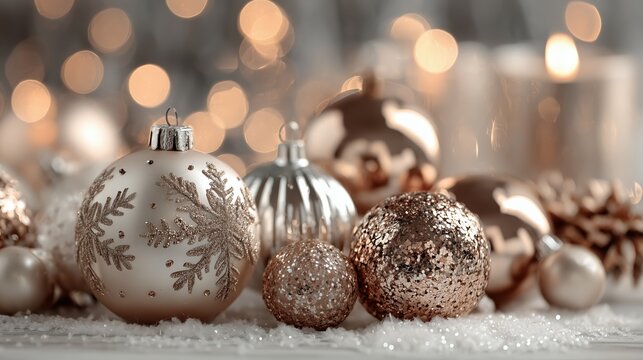 Elegant Christmas ornaments with glitter and snowflakes on a bed of snow. Festive gold and silver holiday baubles. New Year celebration background with warm bokeh lights