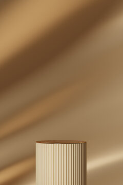 3D display podium, gold beige background with pedestal and flying color silk cloth curtain.Nature wind. Beauty, cosmetic product presentation stand. Luxury feminine template 3d render advertisement