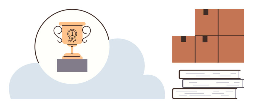 Trophy resting on a cloud highlights achievement while stacked boxes and books symbolize organization, learning, and progress. Ideal for success, education, productivity, leadership, logistics