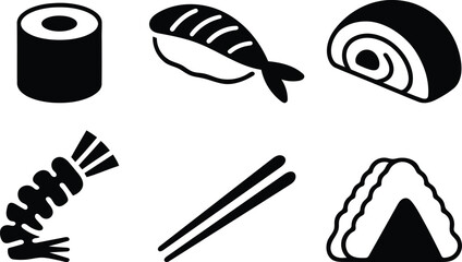 Diverse Sushi Selection Black and White Icons Japanese Cuisine Concept © MDmamun
