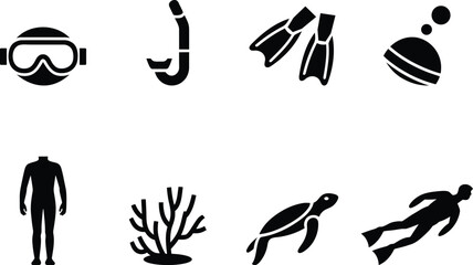Black and white icons set for snorkeling and scuba diving activity