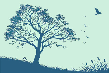 Tree & Birds Flying Print | Blue Minimalist Landscape Art
