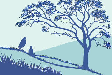 Meditating Figure & Bird Print | Spiritual Nature Art