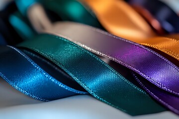 Obraz premium Colorful satin ribbons in blue, teal, purple, and orange arranged in parallel rows, showcasing glossy texture and vibrant hues for craft projects.