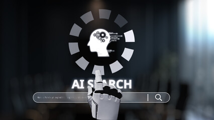 A striking representation of artificial intelligence showcasing a robotic hand reaching for an AI search interface, symbolizing advanced technology and innovation. Synapse