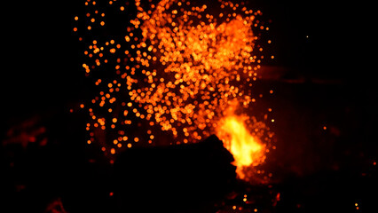 Flame with sparks, fire with flying cinder,bokeh fire texture.