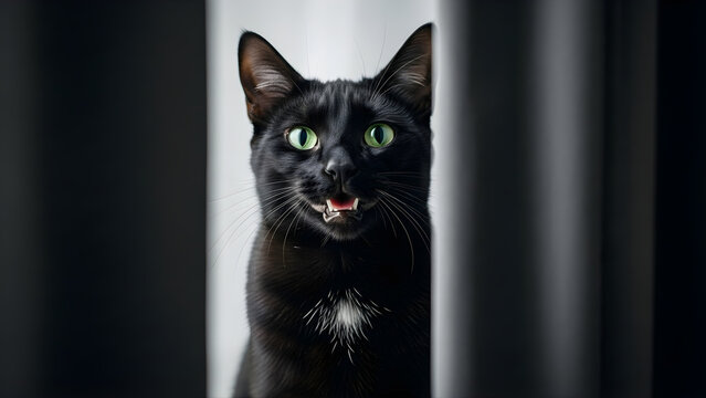 A striking black cat with piercing green eyes and an open mouth displaying sharp teeth, captured in a close-up portrait against a dark, blurred background