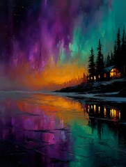 Vibrant northern lights illuminate night sky over lakeside cabin, colorful aurora borealis reflecting in calm water with silhouetted pine trees.