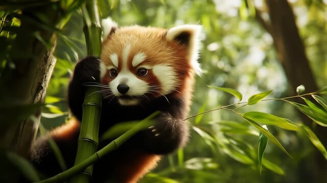 Red panda in lush green bamboo forest wildlife animal portrait