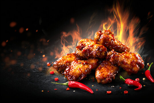 Realistic spicy chicken wings surrounded by dynamic flames and chili peppers, glossy glaze texture