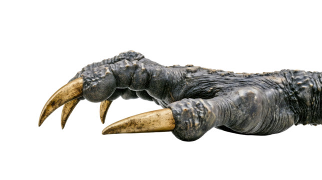 A scary demon hand with long fingers and sharp claws isolated on a white background, a creepy dark monster arm grabbing, a witch limb texture, a horror Halloween object.