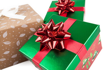 Gift boxes with red bows isolated on white background, clipping path included