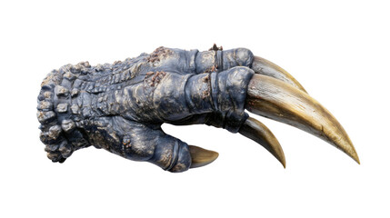 A large monster paw with thick claws isolated on a white background, a scary reptile beast hand with scales, a demon creature limb, a horror fantasy object close-up.