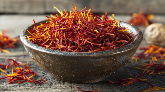 Stunning image of vibrant saffron threads piled in a ceramic bowl illuminated by natural light