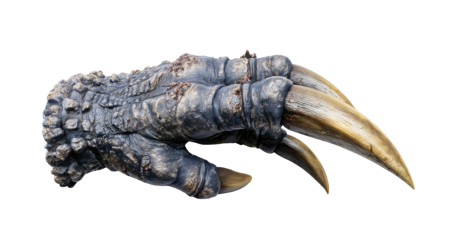 A large monster paw with thick claws isolated on a white background, a scary reptile beast hand with scales, a demon creature limb, a horror fantasy object close-up.