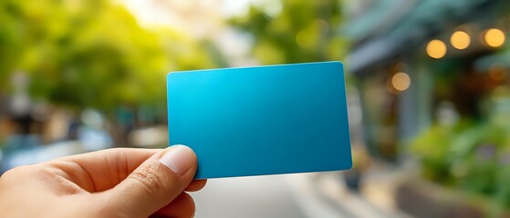 Hand holding blank blue card against blurred urban background with greenery and soft lights, perfect for business card or gift card mockup.
