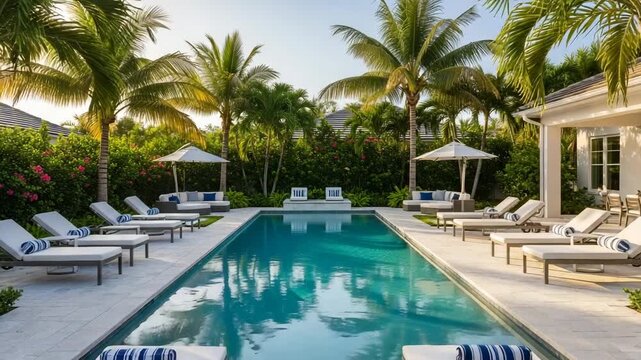 Luxurious swimming pool surrounded by palm trees and lounge chairs