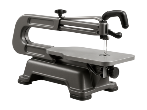 Robust scroll saw with dual parallel arms to minimize vibration on job sites.