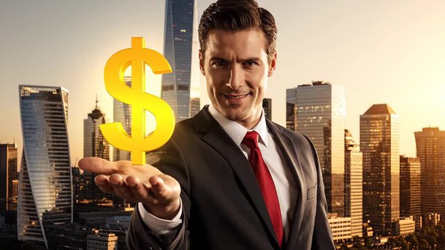 Attractive and accomplished businessman in formal attire grasping a gleaming golden dollar sign. Emphasizing finance, prosperity, and investment within the urban landscape