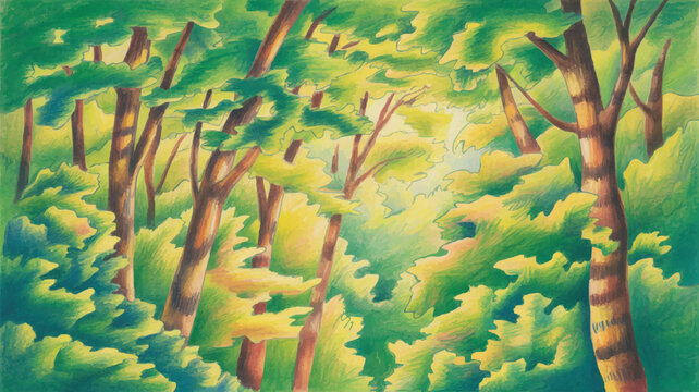 Sunlit forest canopy illustration with rich green foliage and textured tree trunks, evokes serenity and fresh air, perfect for nature-themed projects