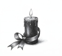 Single lit candle with ribbon and melting wax drips, hand-drawn illustration, 70 chars