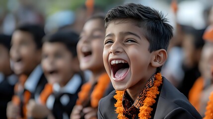 Joyful South Asian boy laughing with orange garland at school celebration, surrounded by classmates in uniform during cultural event.