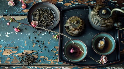Close up of loose leaf tea with a tea bag and traditional teapot arrangement for a cozy experience