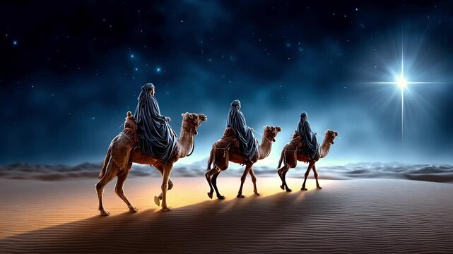 The Magi on camels travel through the desert at night to meet the Christmas star. The Three Magi walk through the desert under the starry sky. The Star of Bethlehem, the Bethlehem story.