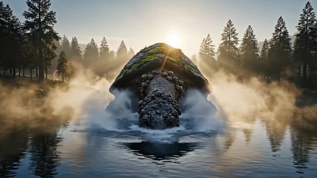 Giant ancient turtle emerging from mystical misty lake at sunrise with forest backdrop for ancient wisdom concept and enduring nature