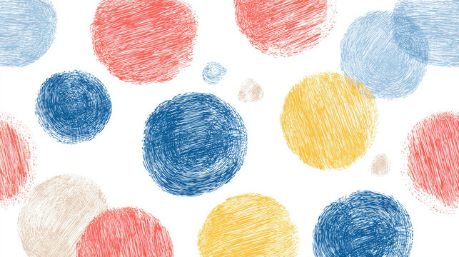 Colorful Scandinavian-style pencil scribbles seamless pattern with pastel circles, playful vector background for children&rsquo;s textiles and gift wrap