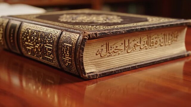 Close up of antique book with intricate gold embossing and script on a polished wooden table