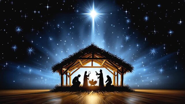 The Christmas Star. A holy nativity scene with the Star of Bethlehem shining above the baby Jesus in the peaceful night sky.