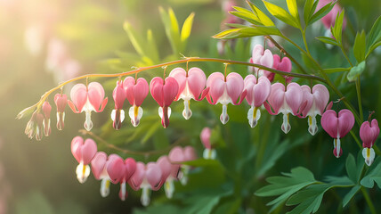Elegant Bleeding Heart Blossoms in a dreamy sunlit spring garden, glowing with soft pastel light and delicate floral beauty.