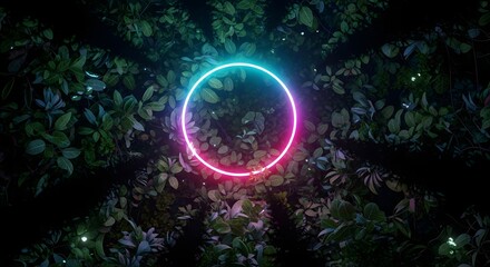 Neon oval frame on green foliage background at night