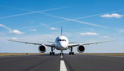 Obraz premium Powerful Front View of a Modern Commercial Wide-Body Airplane Ready for Takeoff on an Airport Runway