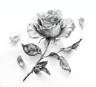 Detailed graphite pencil sketch of a single red rose with falling petals on white background