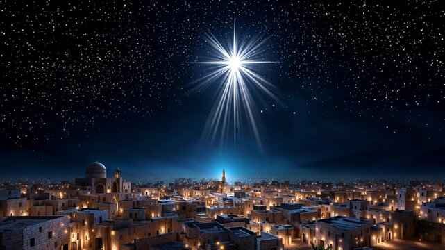 The Christmas star over the city of Bethlehem. The Star of Bethlehem. The birth of Jesus Christ. A beautiful dark blue starry sky and a bright starry background. The story of Bethlehem.