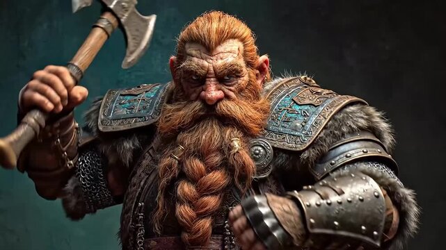 Powerful fantasy dwarf warrior with intense gaze holding a battle axe in ancient armor against a dark background for an epic mythology concept