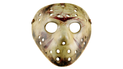 A dirty hockey mask with black grunge stains isolated on a white background, a scary killer face for Halloween, a worn horror movie costume, a creepy murderer prop.