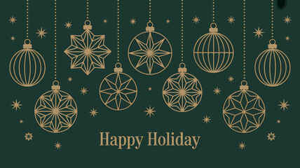 Elegant golden line art holiday ornaments on emerald background