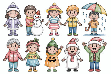 Adorable seasonal kids cartoon characters collection bringing joy of winter, autumn, summer & christmas celebration, perfect for holiday designs