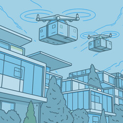 Drones delivering packages over modern apartment buildings