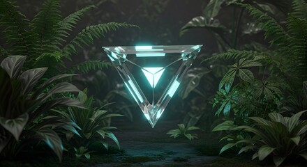 Glowing triangle portal in lush tropical jungle environment with ferns and foliage