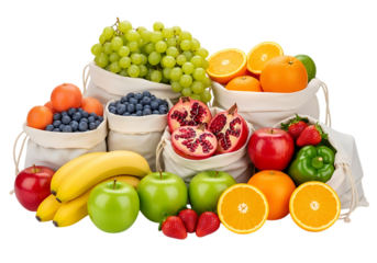 Abundant assortment of fresh, colorful fruits including grapes, oranges, bananas, apples, pomegranates, and blueberries, isolated on transparent background
