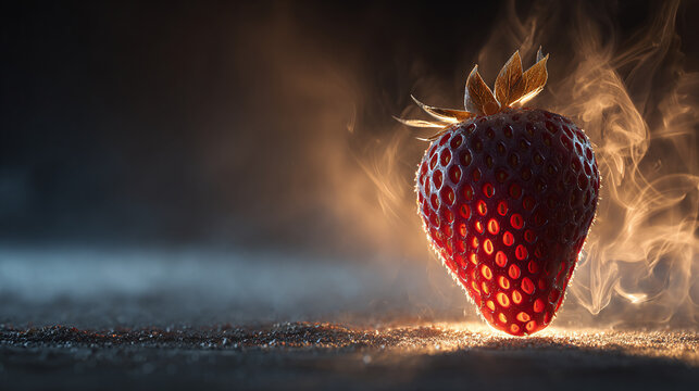 A macro shot of a single strawberry, illuminated with dramatic lighting 