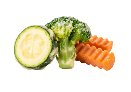 A selection of frozen, cut vegetables including a zucchini slice, broccoli floret, and crinklecut carrot pieces, isolated on transparent background
