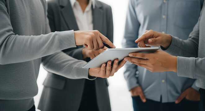 Business professionals collaborating on a digital tablet for project review