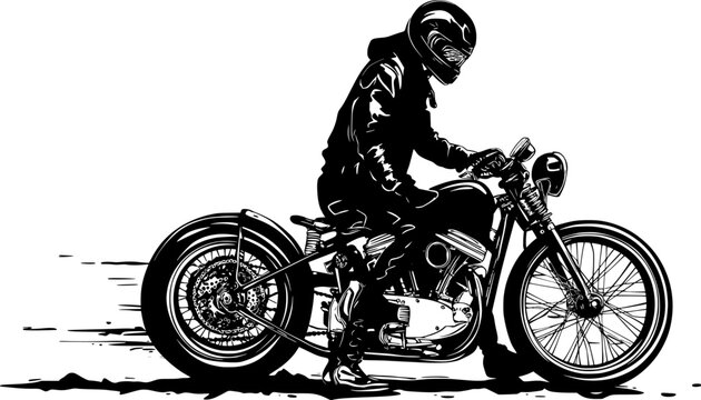 Vintage bike racing. Black and white graphic illustration of a motorcyclist riding a vintage chopper motorcycle