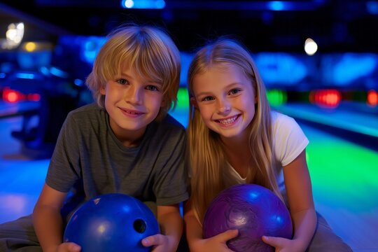 Two young children are posing for a picture while holding bowling balls. Scene is lighthearted and fun, as the children are enjoying their time at the bowling alley