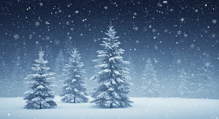 Winter wonderland scene with snow covered trees and falling snowflakes
